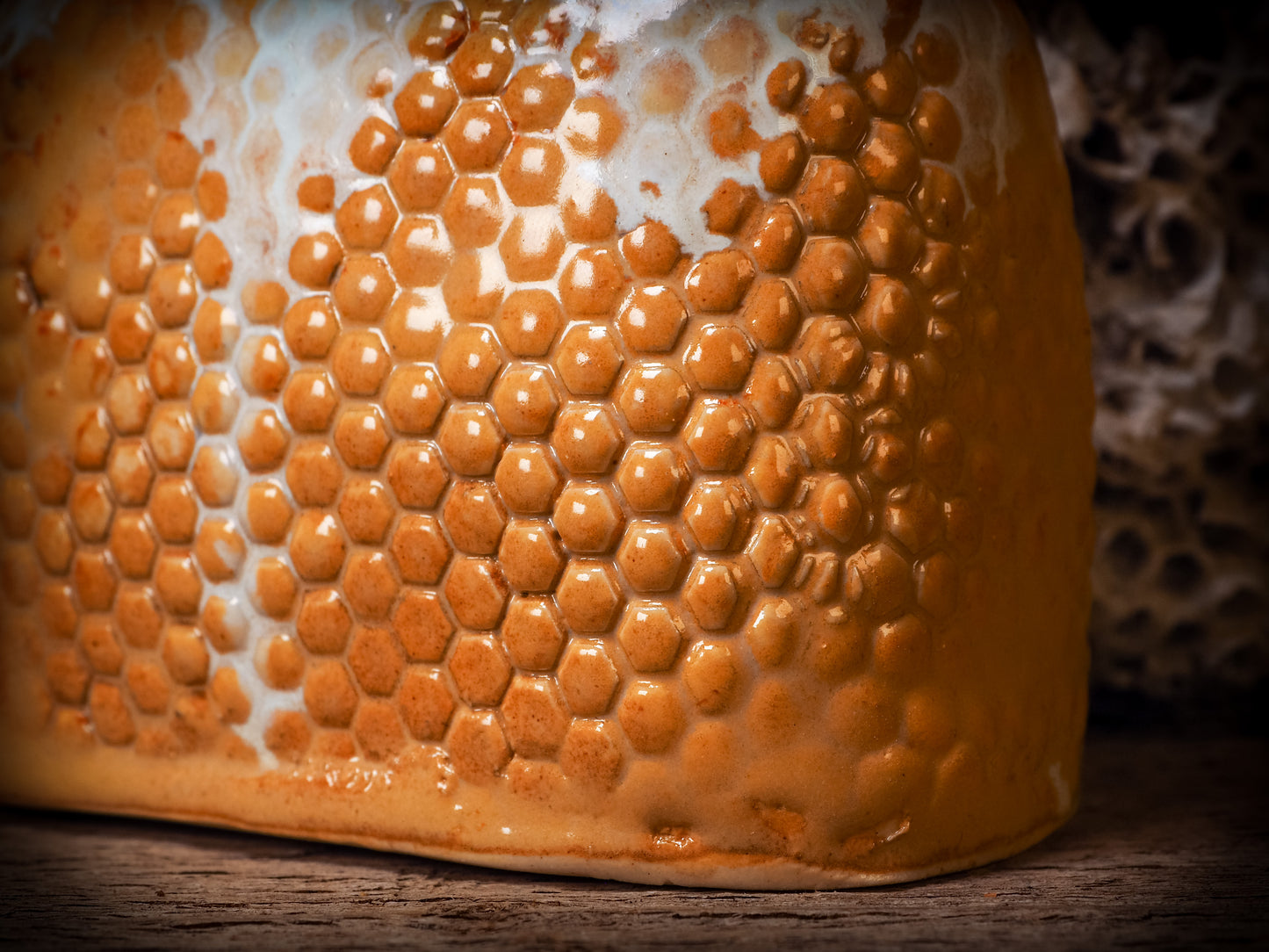 Original handmade ceramic flower vase, artist brush and pencil holder by Idania Salcido, Danita Art. A honeycomb bee shaped statue with china doll head. Handmade touch to any artist's studio with handmade glazed ceramic good for watercolors acrylics inks and oil paints. Clean with water or mineral spirits.