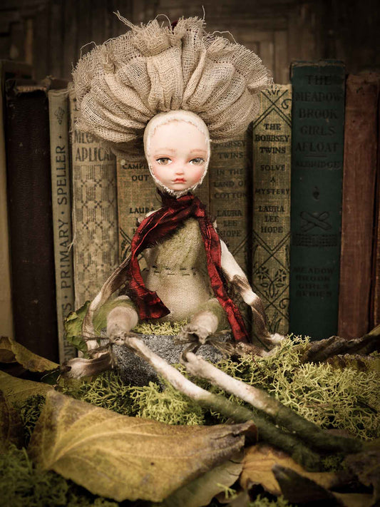 An original forest fairy mushroom fungi toadstool girl art doll handmade by Danita Art, using with original patterns, organic fabric dyed using only natural ingredients like avocado peels, walnuts and marigolds. Each mini art doll in this toy collection is a mini work of huggable fabric art that will be treasured by any collector of Danita's melancholic and fantastic work.