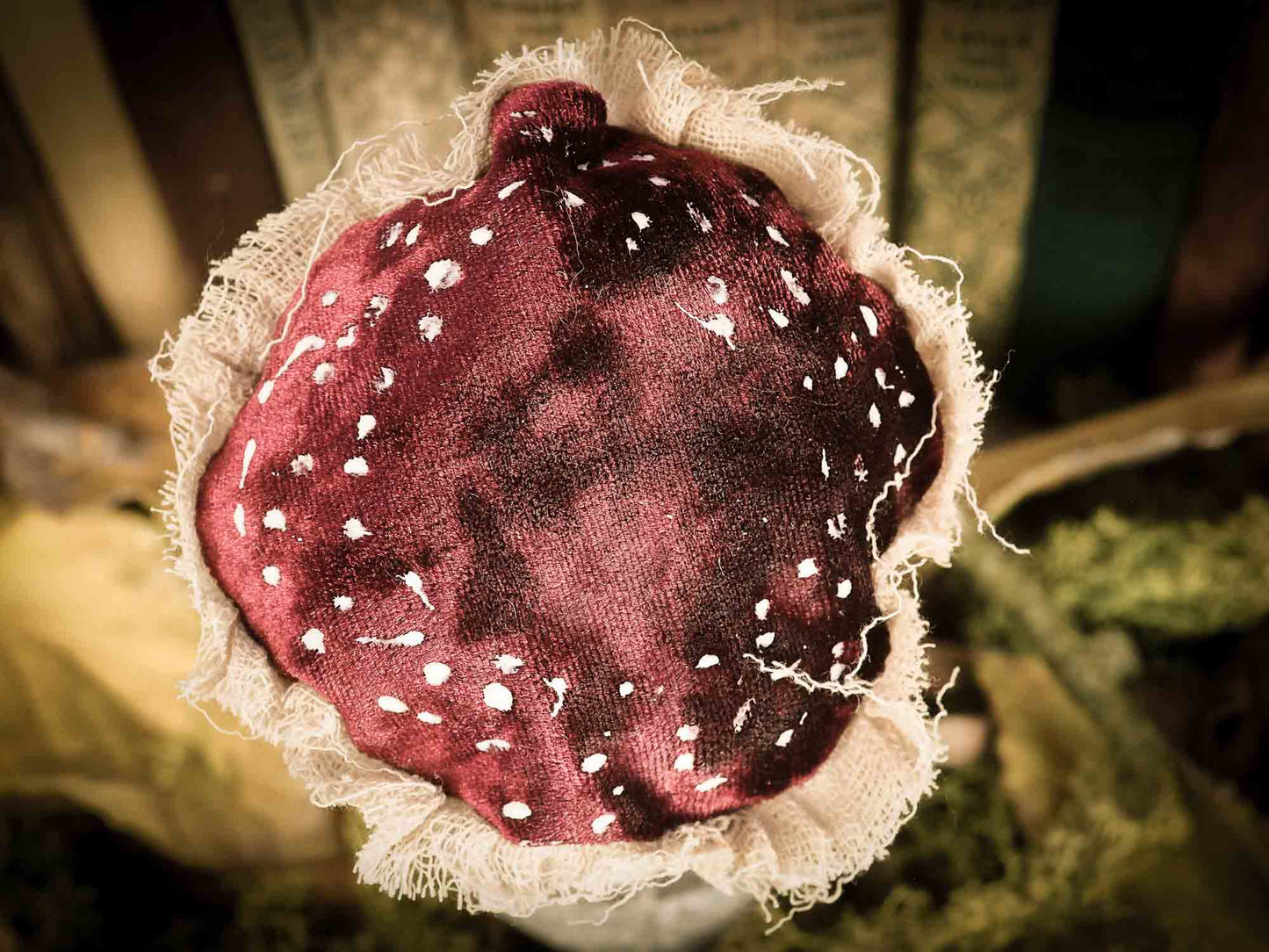 An original forest fairy mushroom fungi toadstool girl art doll handmade by Danita Art, using with original patterns, organic fabric dyed using only natural ingredients like avocado peels, walnuts and marigolds. Each mini art doll in this toy collection is a mini work of huggable fabric art that will be treasured by any collector of Danita's melancholic and fantastic work.