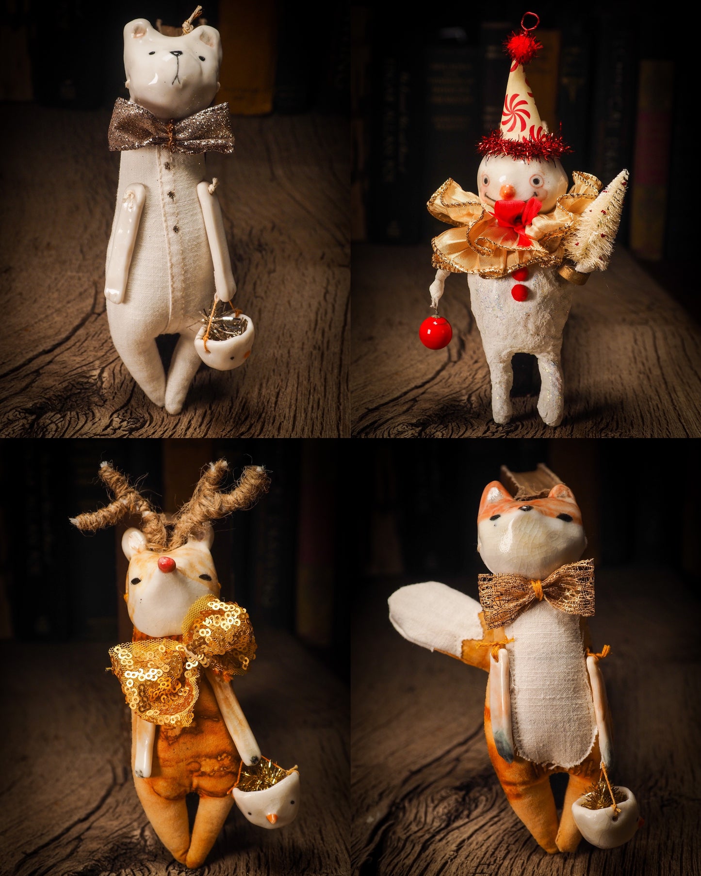 An adorable hand made porcelain and fabric fine art doll by Idania Salcido Danita Art. Perfect to hang as a delicate Christmas tree ornament, this fired ceramic mixed media artwork is unique. Each doll has a beautiful hand sculpted porcelain ceramic face and hand dyed fabric body with vintage accessories as home decor.