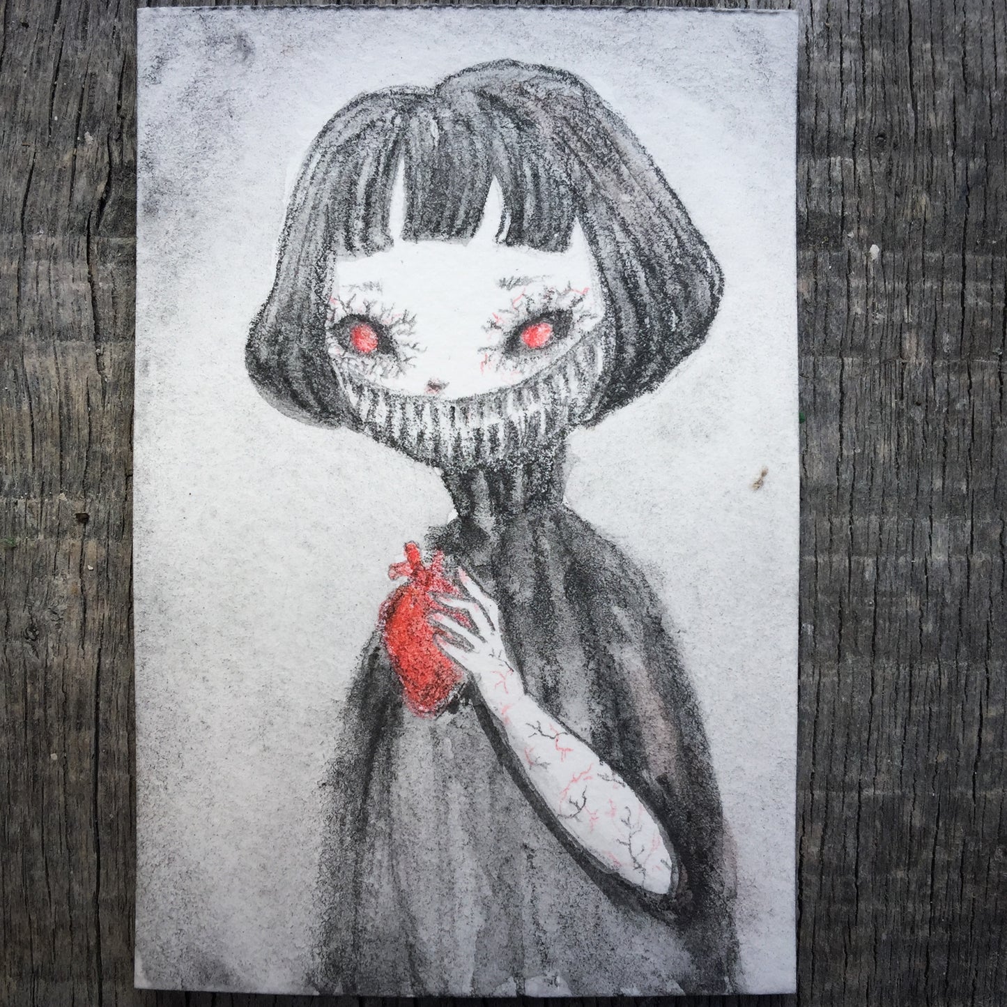 Darknita Danita Monster Creature Ghoul Watercolor Graphite Pencil Drawing ACEO Card Original Halloween Illustration Heart Eat