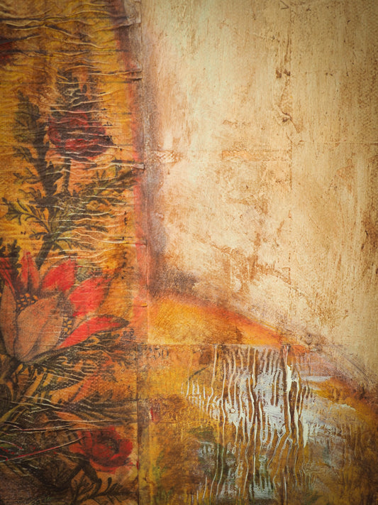 18 x 24 Inches Acrylic, Pencil, Pastel, Oil and Paper Collage original painting created by amazing mixed media artist Danita Art. A serene female woman portrait lives on a wood panel, peaceful looking at her beautiful red finch and her paper flowers. She has a beautiful vintage look and aged patina that has made danita well known.