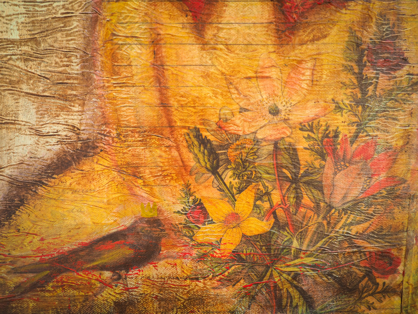 18 x 24 Inches Acrylic, Pencil, Pastel, Oil and Paper Collage original painting created by amazing mixed media artist Danita Art. A serene female woman portrait lives on a wood panel, peaceful looking at her beautiful red finch and her paper flowers. She has a beautiful vintage look and aged patina that has made danita well known.
