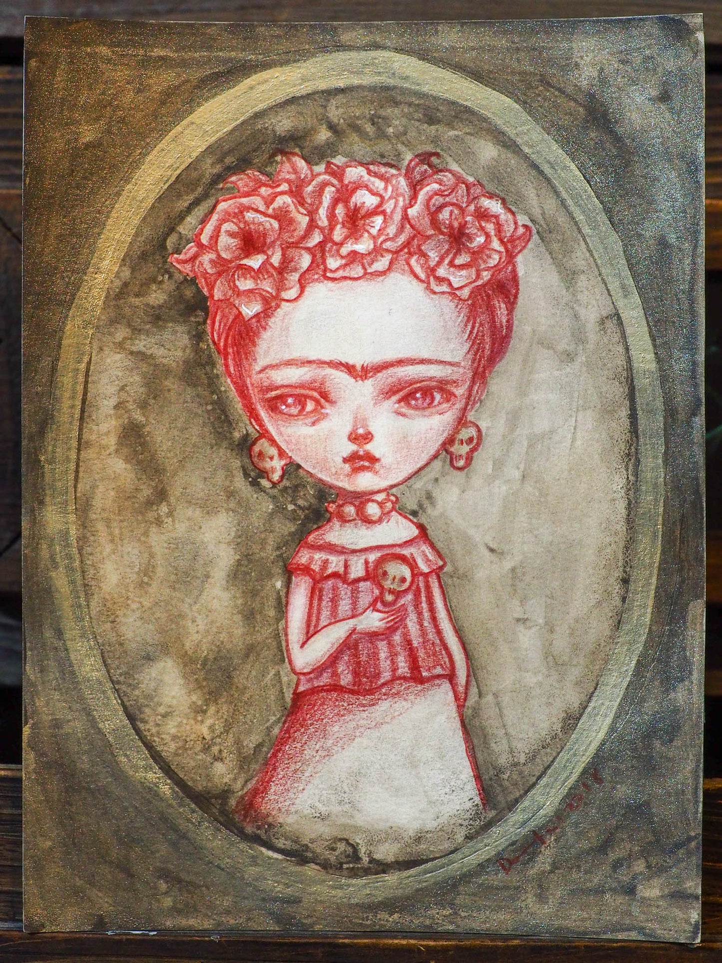 FRIDA WITH A SKULL - An original mixed media painting by Danita, Original Art by Danita Art