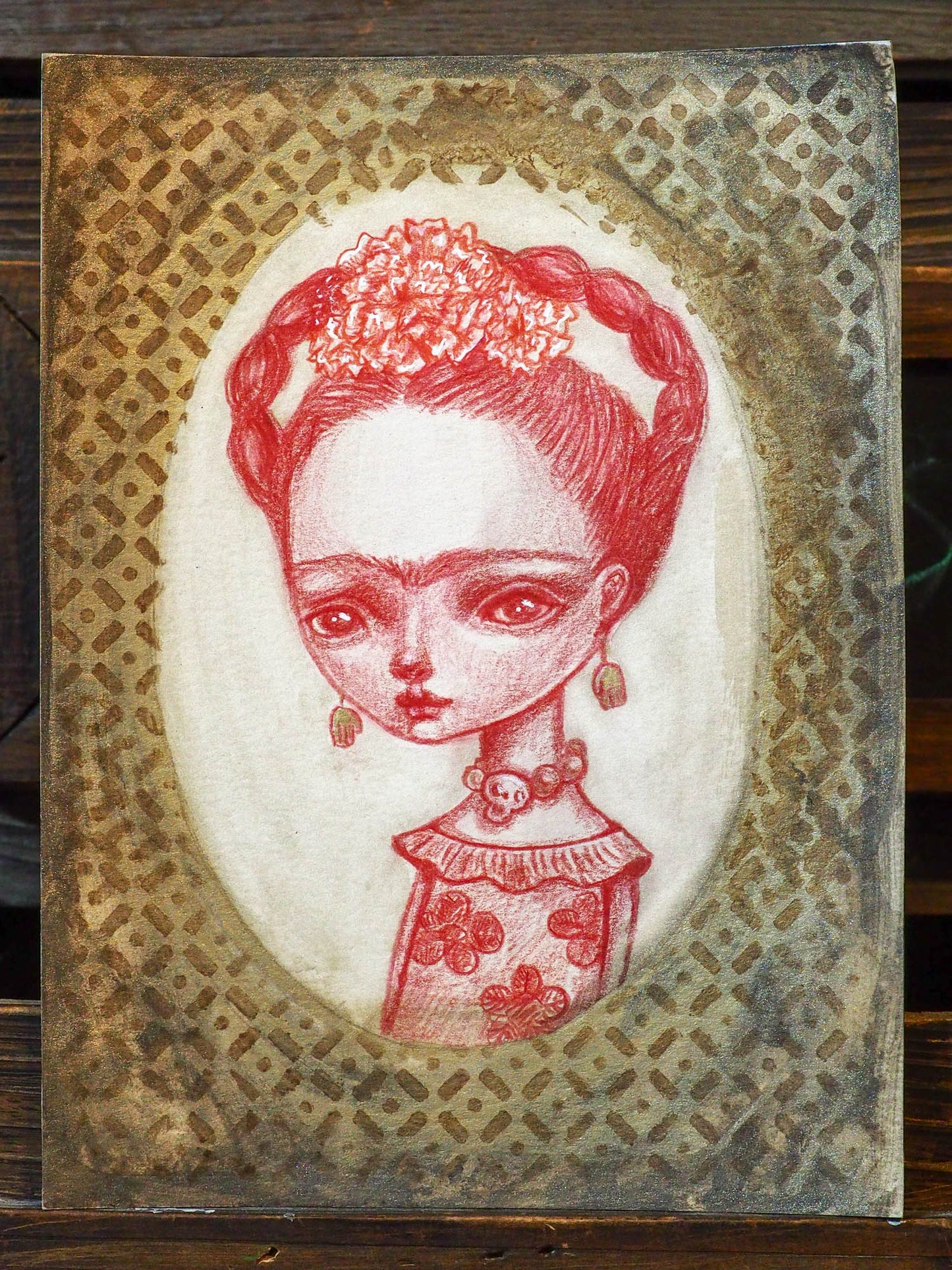 FRIDA WITH SKULL EARRINGS - An original mixed media painting by Danita, Original Art by Danita Art