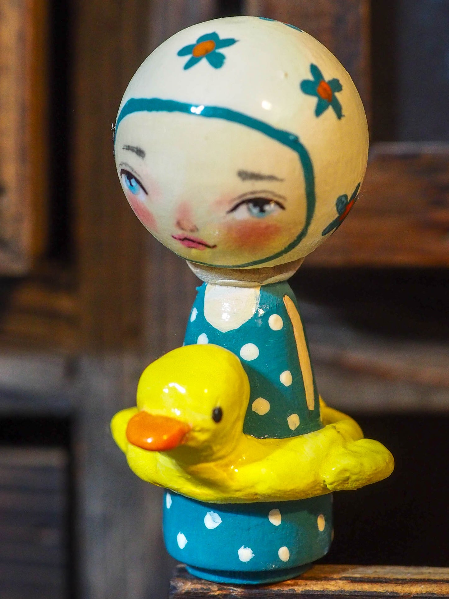 RUBBER DUCK - An original mixed media kokeshi mini doll wood sculpture by Danita Art