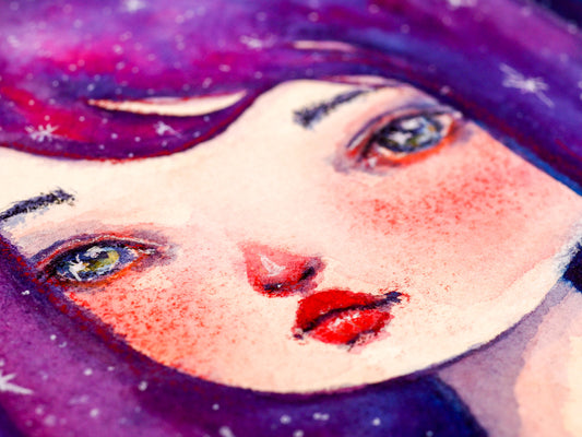 An original watercolor painting by Danita. A princess with the stars in her purple hair.