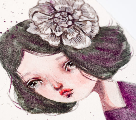 Melancholic sad painting by Danita Art. An original watercolor on paper portrait.