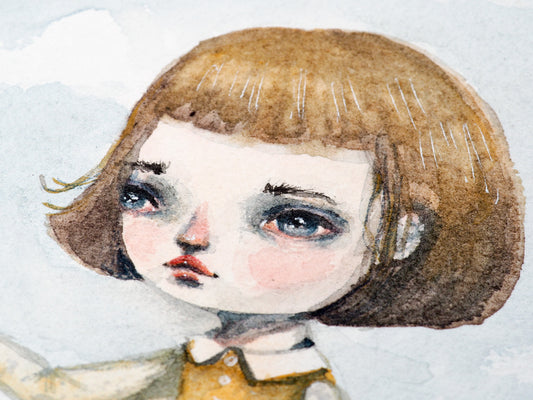 Original watercolor painting by Danita. A monarch butterfly is liberated by a compassionate blonde girl.