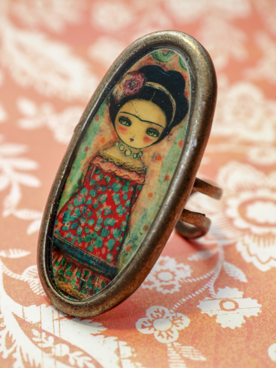 FRIDA IN A RED DRESS - Frida blooms with a flowery dressing a handmade ring by Danita, Jewelry by Danita Art