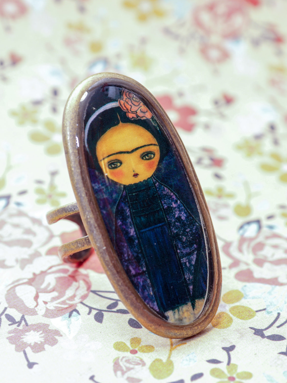 FRIDA IN AN PURPLE DRESS - A dark Frida on a ring by Danita, Jewelry by Danita Art