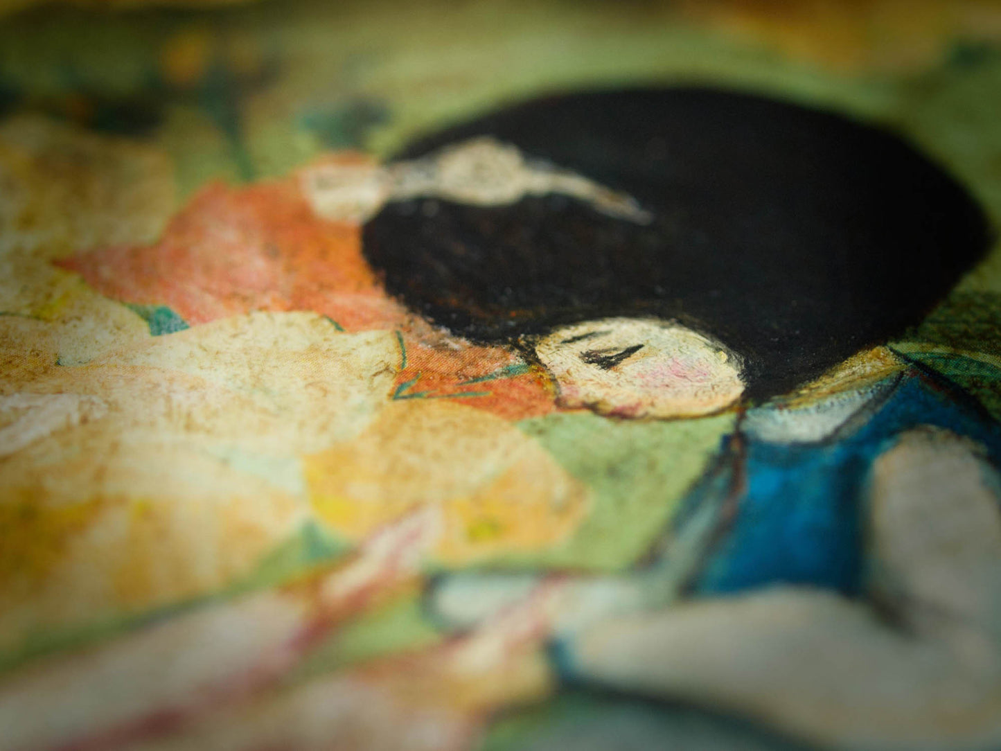 Alice finally caught up with the white rabbit on this surreal painting by Danita, and now they ride together in Wonderland, looking for new adventures for which they will never be late.