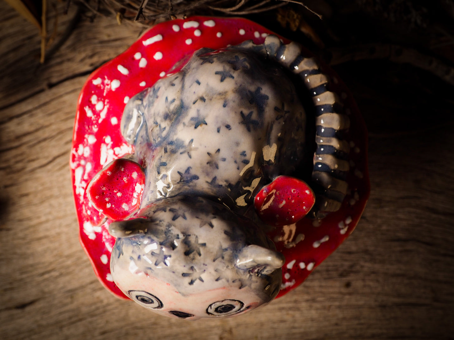 Cheshire Cat vintage pet ceramic figure inspired by Alice in Wonderland made by Idania Salcido, the mixed media artist and ceramist behind Danita Art. Earth clay is hand sculpted and glazed and kiln fired to create a ceramic home decor heirloom figurine. Each unique art piece is a one of a kind fine pottery artwork.