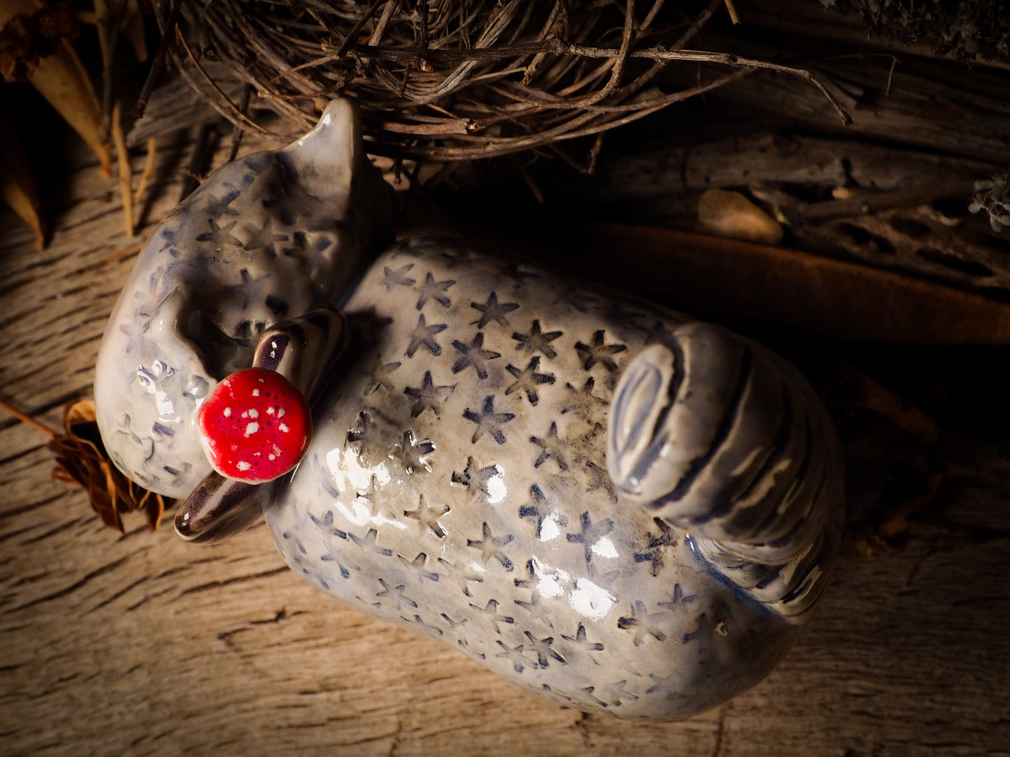 Cheshire Cat vintage pet ceramic figure inspired by Alice in Wonderland made by Idania Salcido, the mixed media artist and ceramist behind Danita Art. Earth clay is hand sculpted and glazed and kiln fired to create a ceramic home decor heirloom figurine. Each unique art piece is a one of a kind fine pottery artwork.