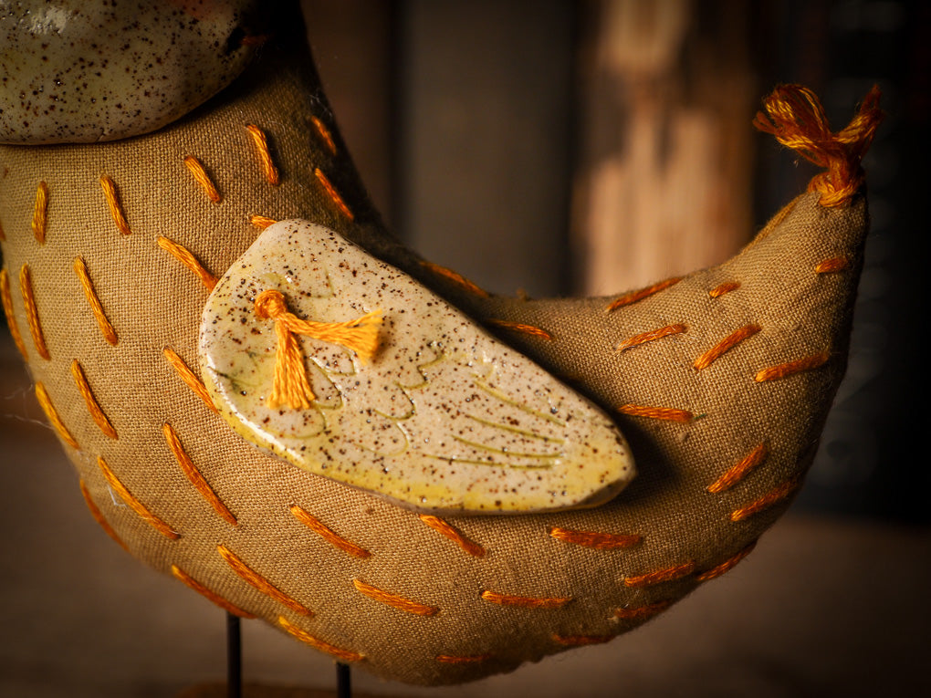 An adorable hand made porcelain and fabric fine art doll by Idania Salcido Danita Art. Perfect to hang as a delicate Christmas tree ornament, this fired ceramic mixed media artwork is unique. Each doll has a beautiful hand sculpted porcelain ceramic face and hand dyed fabric body with vintage accessories as home decor.