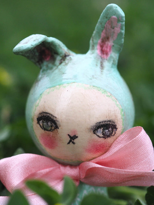 APPLE BLOSSOM. A handmade kokeshi easter rabbit bunny doll by Danita., Miniature Dolls by Danita Art