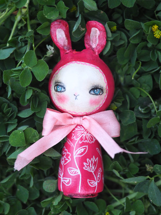AZALEA. A handmade kokeshi easter rabbit bunny doll by Danita., Miniature Dolls by Danita Art