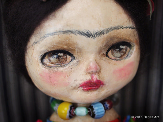 Frida in a colorful dress, Art Doll by Danita Art
