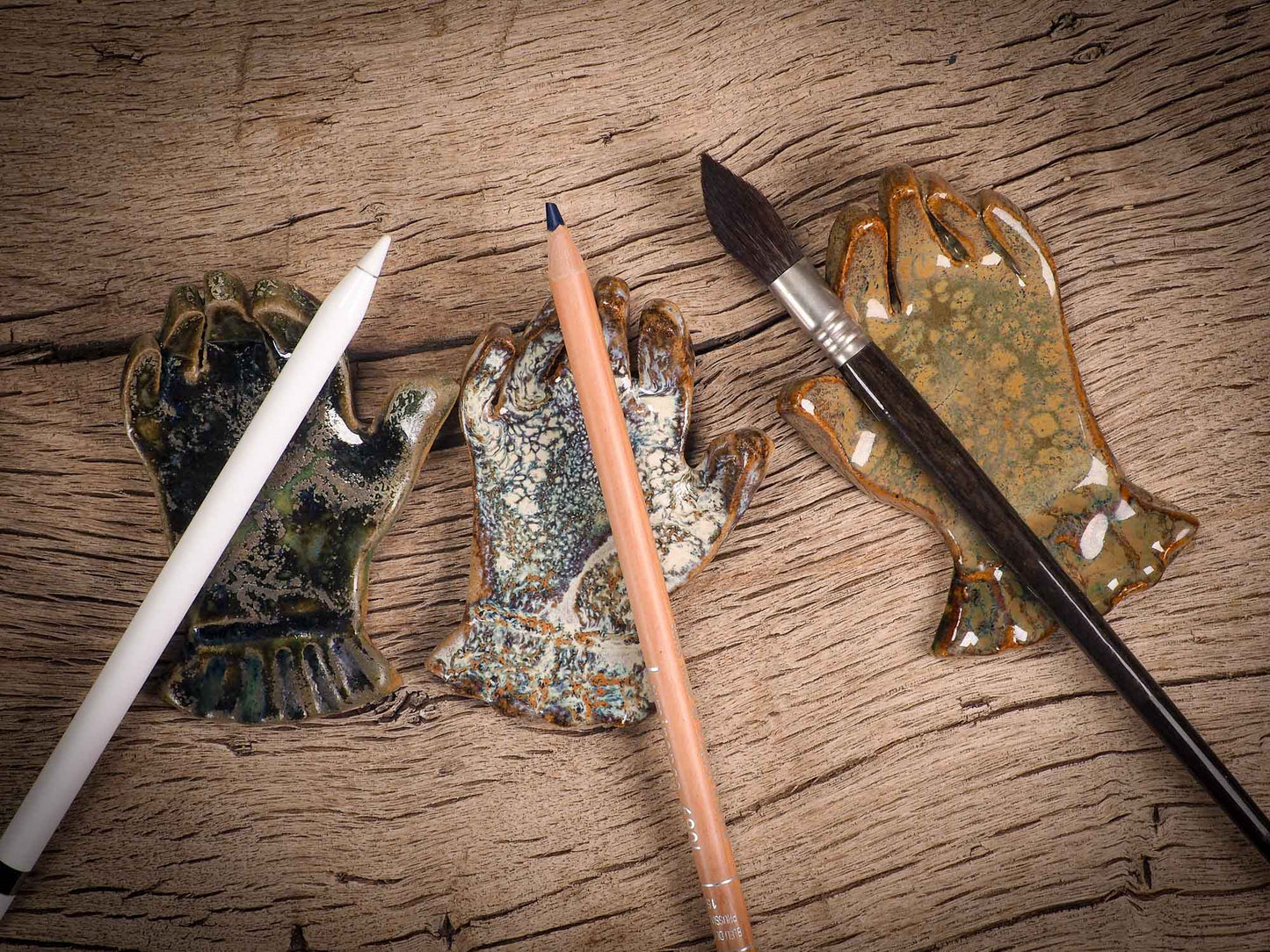 Original handmade ceramic artist color pencil brush holder hand of destiny by Idania Salcido, Danita Art. Unique ceramic art designed, hand built. A beautiful handmade touch to any artist's studio with handmade glazed ceramic good for watercolors acrylics inks and oil paints. Clean with water or mineral spirits.