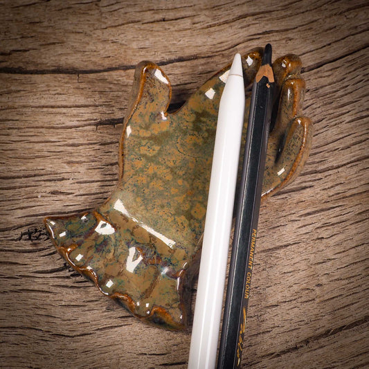 Original handmade ceramic artist color pencil brush holder hand of destiny by Idania Salcido, Danita Art. Unique ceramic art designed, hand built. A beautiful handmade touch to any artist's studio with handmade glazed ceramic good for watercolors acrylics inks and oil paints. Clean with water or mineral spirits.