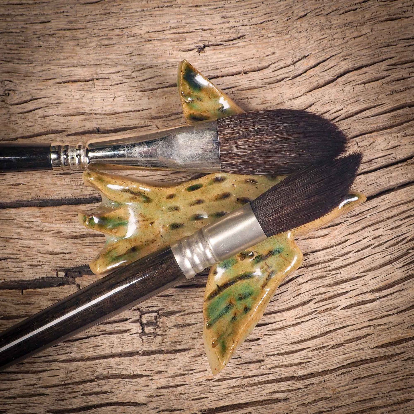 Original handmade ceramic artist color pencil brush holder spring green bird by Idania Salcido, Danita Art. Unique ceramic art designed, hand built. A beautiful handmade touch to any artist's studio with handmade glazed ceramic good for watercolors acrylics inks and oil paints. Clean with water or mineral spirits.