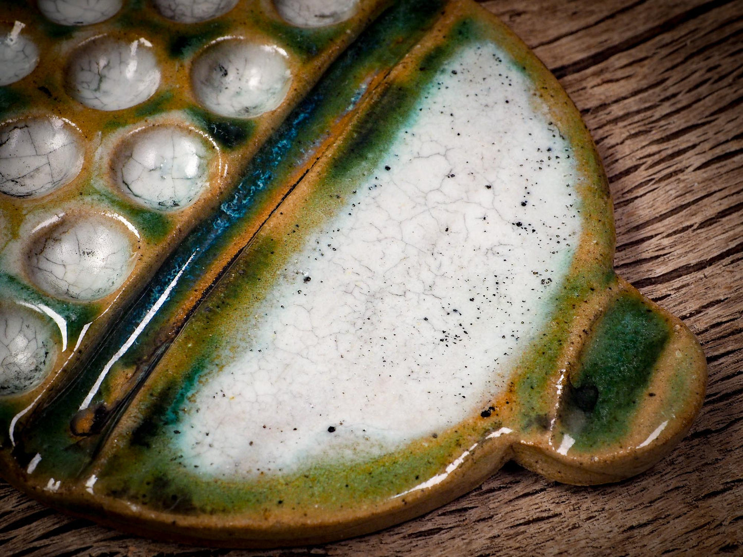 Original handmade ceramic artist paint color palettes by Idania Salcido, Danita Art. A unique work of ceramic art designed and hand built Idania Salcido. A beautiful handmade touch to any artist's studio with handmade glazed ceramic good for watercolors acrylics inks and oil paints. Clean with water or mineral spirits.