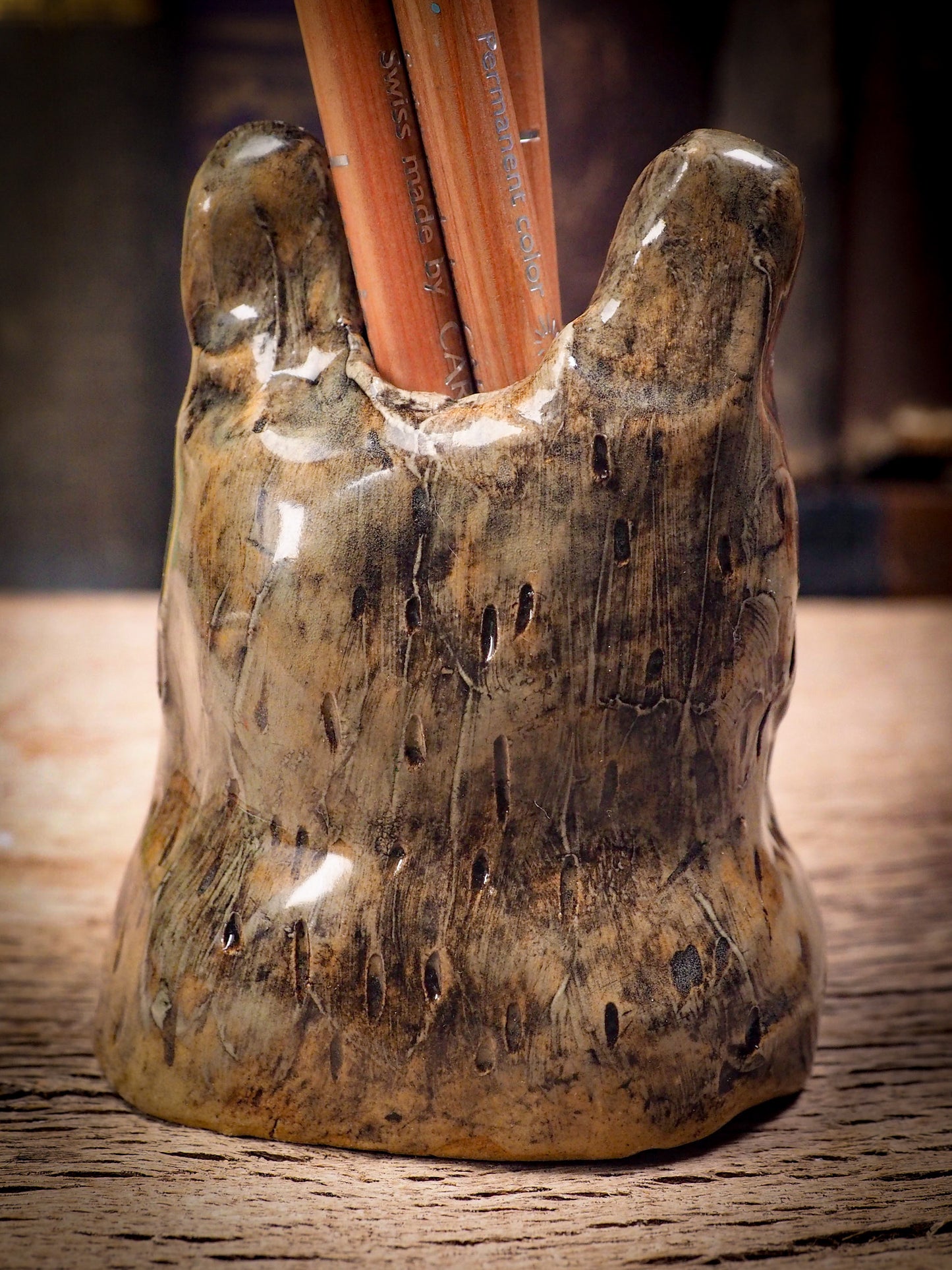 Original handmade ceramic artist brush and pencil holder by Idania Salcido, Danita Art. A unique ceramic artwork designed and hand built Idania Salcido. A beautiful handmade touch to any artist's studio with handmade glazed ceramic good for watercolors acrylics inks and oil paints. Clean with water or mineral spirits.