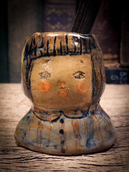 Original handmade ceramic artist brush and pencil holder by Idania Salcido, Danita Art. A unique ceramic artwork designed and hand built Idania Salcido. A beautiful handmade touch to any artist's studio with handmade glazed ceramic good for watercolors acrylics inks and oil paints. Clean with water or mineral spirits.