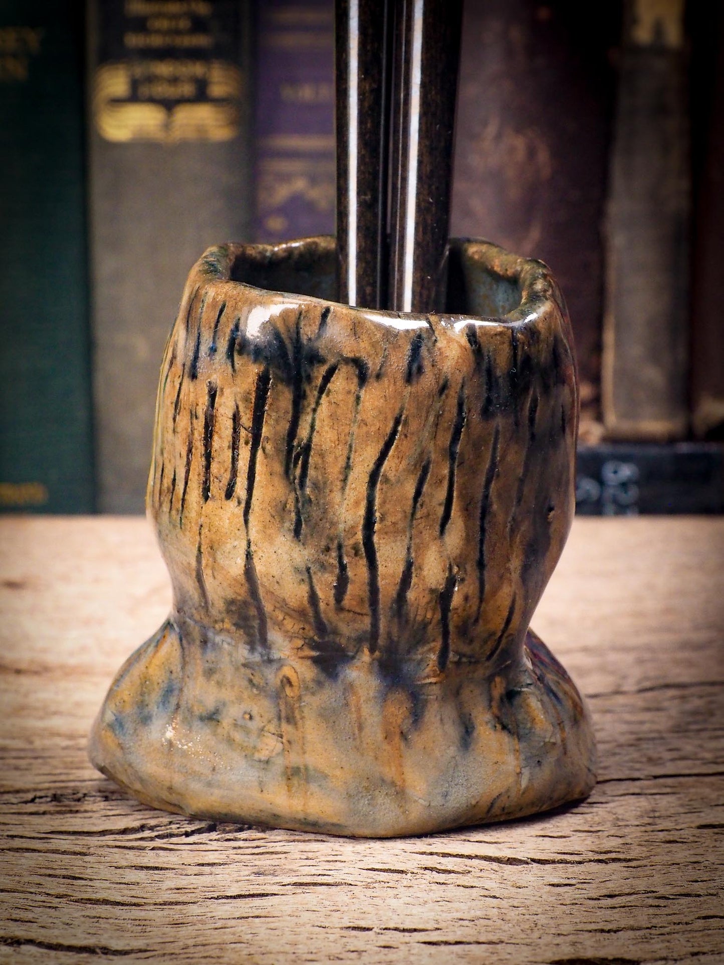 Original handmade ceramic artist brush and pencil holder by Idania Salcido, Danita Art. A unique ceramic artwork designed and hand built Idania Salcido. A beautiful handmade touch to any artist's studio with handmade glazed ceramic good for watercolors acrylics inks and oil paints. Clean with water or mineral spirits.