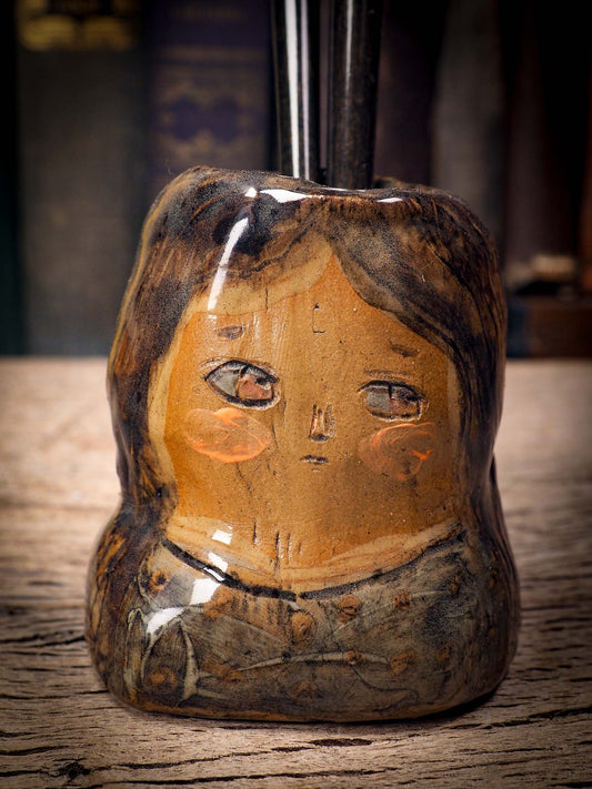 Original handmade ceramic artist brush and pencil holder by Idania Salcido, Danita Art. A unique ceramic artwork designed and hand built Idania Salcido. A beautiful handmade touch to any artist's studio with handmade glazed ceramic good for watercolors acrylics inks and oil paints. Clean with water or mineral spirits.