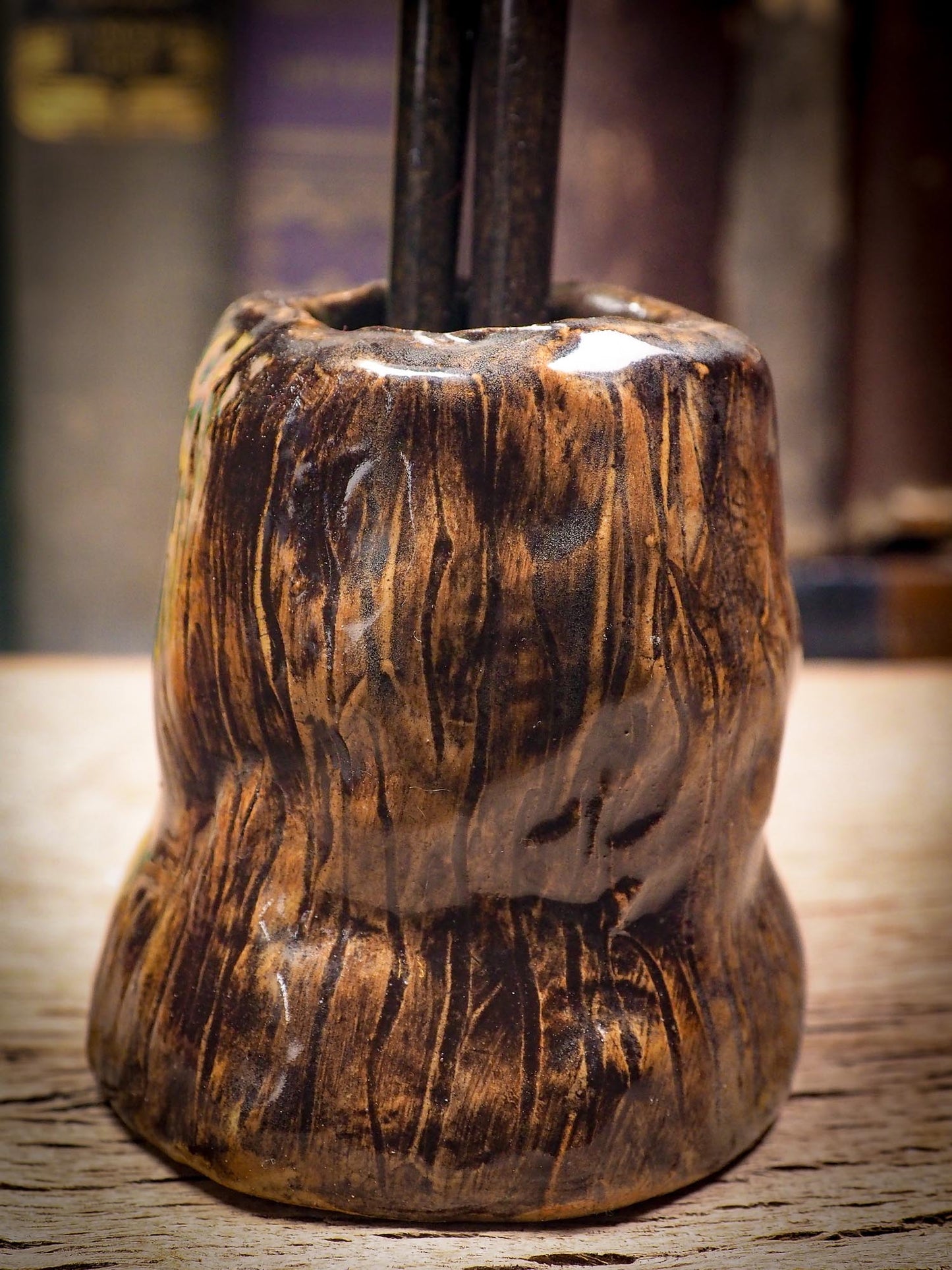 Original handmade ceramic artist brush and pencil holder by Idania Salcido, Danita Art. A unique ceramic artwork designed and hand built Idania Salcido. A beautiful handmade touch to any artist's studio with handmade glazed ceramic good for watercolors acrylics inks and oil paints. Clean with water or mineral spirits.