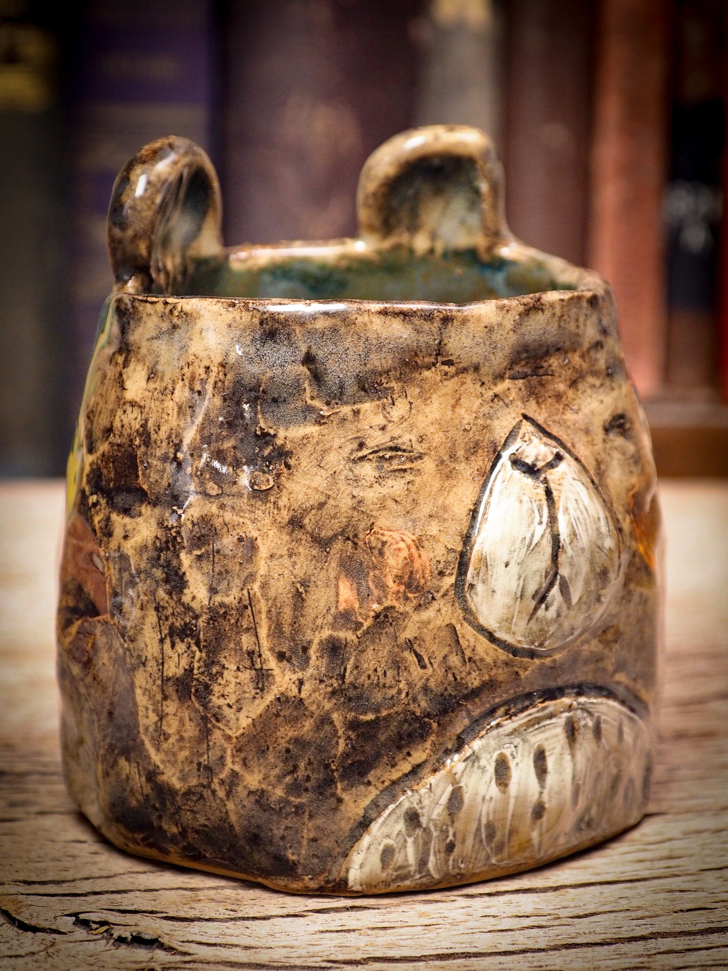 Original handmade ceramic artist brush and pencil holder by Idania Salcido, Danita Art. A unique ceramic artwork designed and hand built Idania Salcido. A beautiful handmade touch to any artist's studio with handmade glazed ceramic good for watercolors acrylics inks and oil paints. Clean with water or mineral spirits.