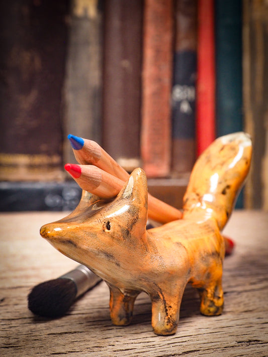 Original handmade ceramic artist color pencil brush holder fox by Idania Salcido, Danita Art. Unique ceramic art designed and hand built Idania Salcido. A beautiful handmade touch to any artist's studio with handmade glazed ceramic good for watercolors acrylics inks and oil paints. Clean with water or mineral spirits.