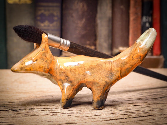 Original handmade ceramic artist color pencil brush holder fox by Idania Salcido, Danita Art. Unique ceramic art designed and hand built Idania Salcido. A beautiful handmade touch to any artist's studio with handmade glazed ceramic good for watercolors acrylics inks and oil paints. Clean with water or mineral spirits.