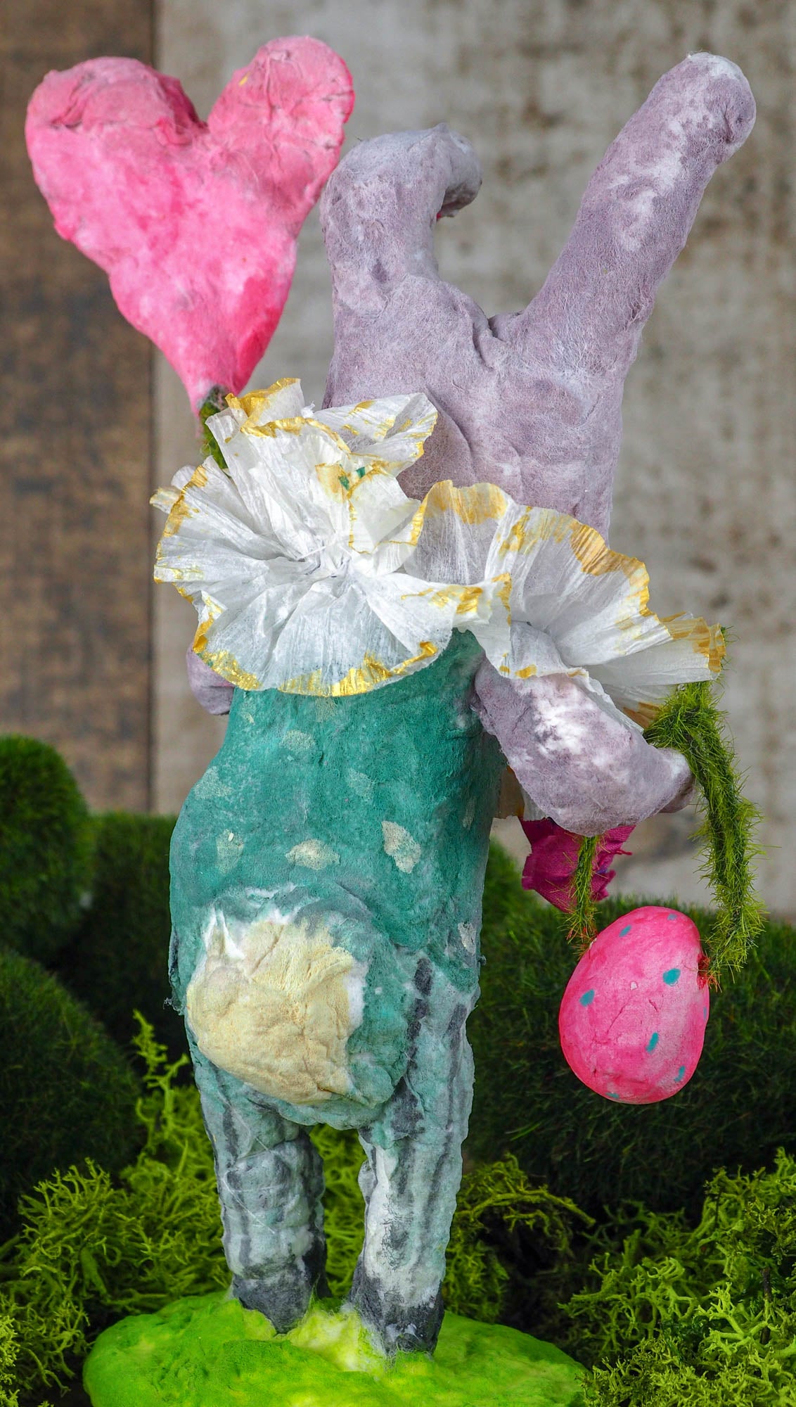 Spring always inspires Danita to make beautiful handmade decorations for when the flowers start to bloom, just like this 10" spun cotton handmade bunny rabbit art doll by Danita, hand painted and dressed in a beautiful striped suit and a wonderful silk bow.