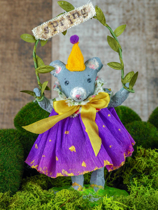 Spring always inspires Danita to make beautiful handmade decorations for when the flowers start to bloom, just like this 6" spun cotton handmade grey mouse art doll by Danita, hand painted and dressed in a hand painted polka dot paper skirt.