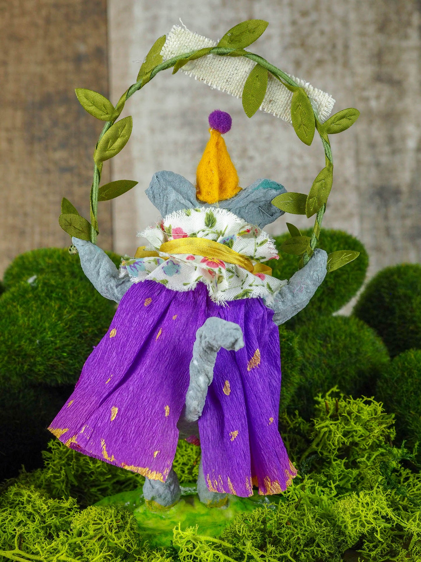 Spring always inspires Danita to make beautiful handmade decorations for when the flowers start to bloom, just like this 6" spun cotton handmade grey mouse art doll by Danita, hand painted and dressed in a hand painted polka dot paper skirt.