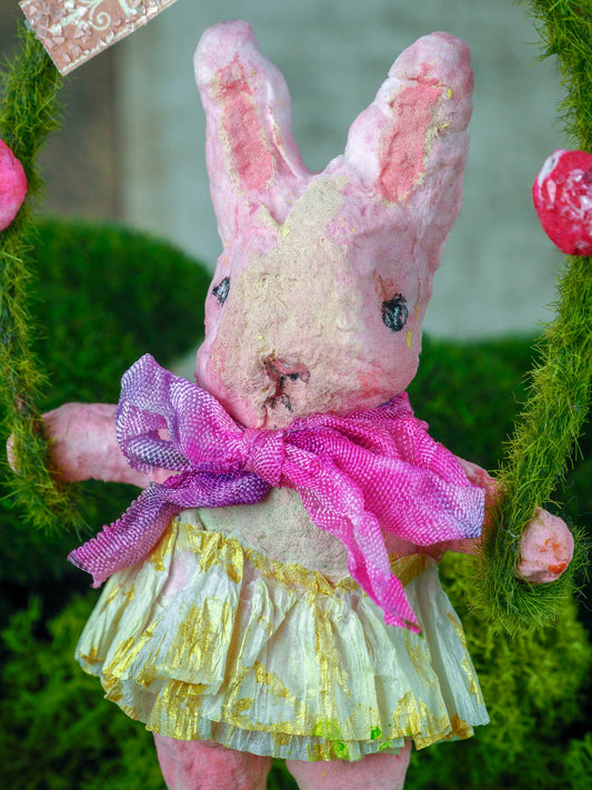 Spring always inspires Danita to make beautiful handmade decorations for when the flowers start to bloom, just like this 4" spun cotton handmade pink Easter bunny rabbit art doll by Danita, hand painted and dressed in a hand painted polka dot paper skirt.