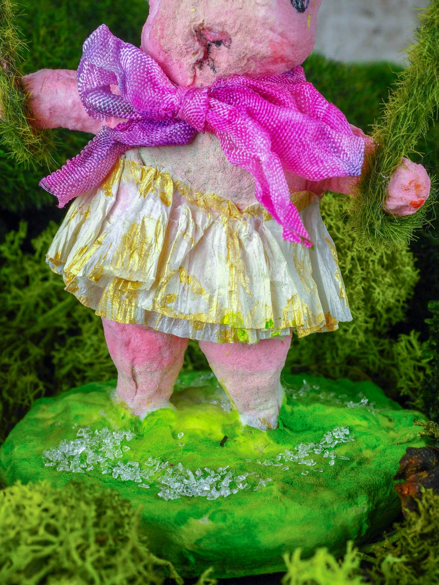 Spring always inspires Danita to make beautiful handmade decorations for when the flowers start to bloom, just like this 4" spun cotton handmade pink Easter bunny rabbit art doll by Danita, hand painted and dressed in a hand painted polka dot paper skirt.