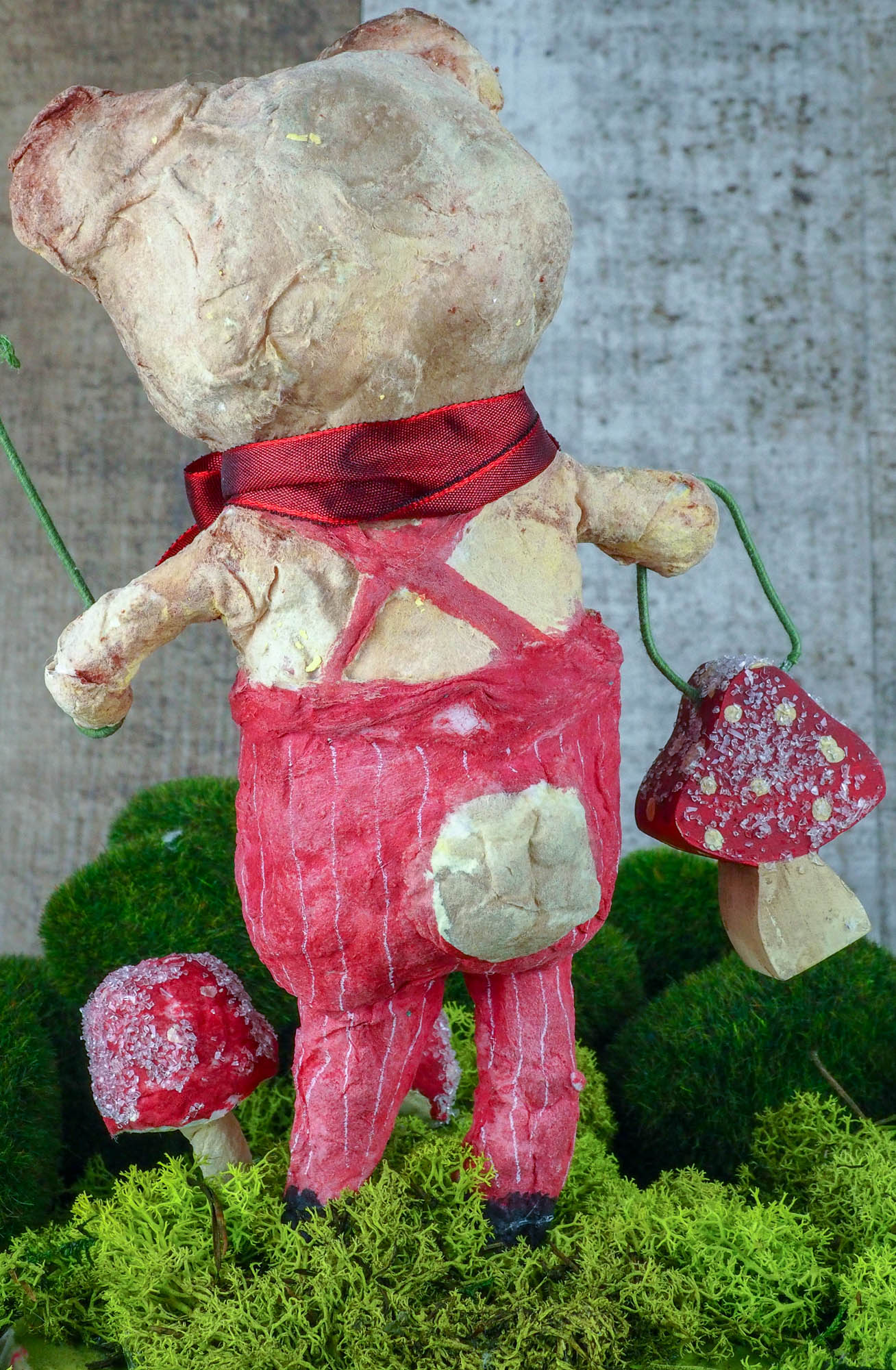Spring always inspires Danita to make beautiful handmade decorations for when the flowers start to bloom, just like this 10" spun cotton handmade brown bear art doll by Danita, hand painted and dressed in a red jumpsuit.