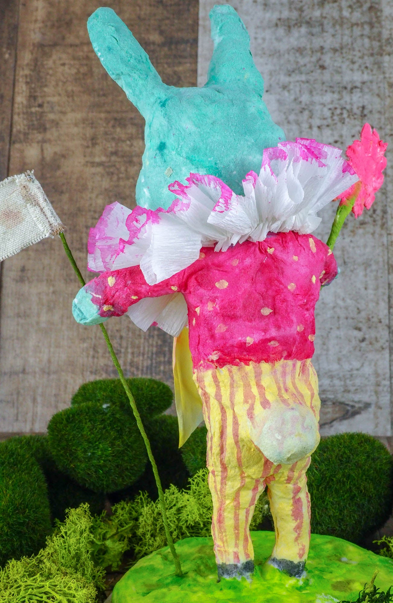 Spring always inspires Danita to make beautiful handmade decorations for when the flowers start to bloom, just like this 10" spun cotton handmade Easter bunny rabbit art doll by Danita, hand painted and dressed in a colorful yellow jumper suit.