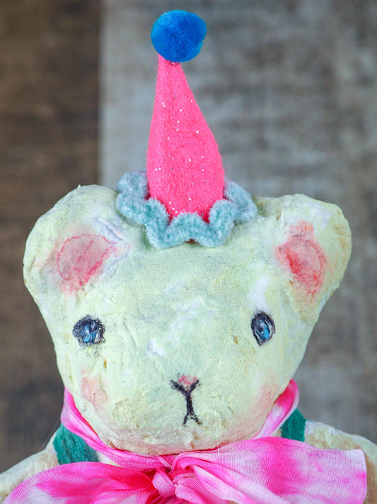 Spring always inspires Danita to make beautiful handmade decorations for when the flowers start to bloom, just like this 10" spun cotton handmade Easter bear art doll by Danita, hand painted and dressed in a blue polka dot suit.