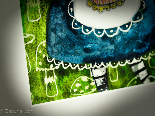 Alice in the toadstool garden - Original watercolor painting, Original Art by Danita Art