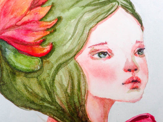 Inspired by Spring, Danita created an astonishing watercolor painting. A naked girl, in touch with her inner nature as she blooms into the world.