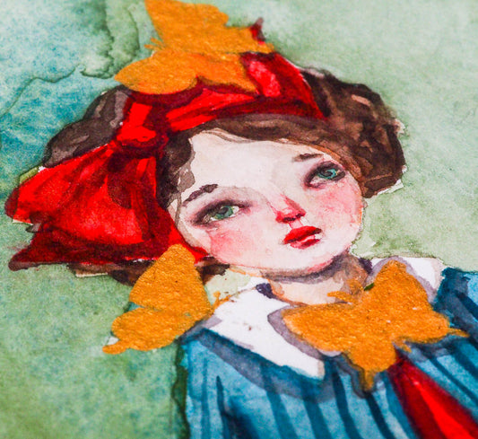 Danita painted herself sitting on a toadstool and surrounded by butterflies in this amazing watercolor original art by Danita. I painted them using a special golden painting I found on trip to Mexico, and they shimmer beautifully with the light!
