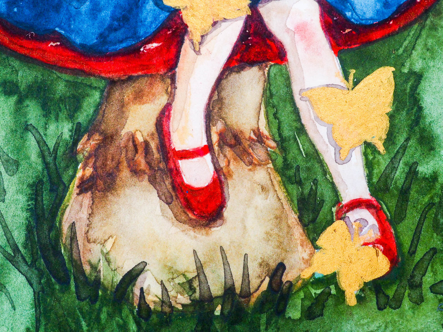 Danita painted herself sitting on a toadstool and surrounded by butterflies in this amazing watercolor original art by Danita. I painted them using a special golden painting I found on trip to Mexico, and they shimmer beautifully with the light!