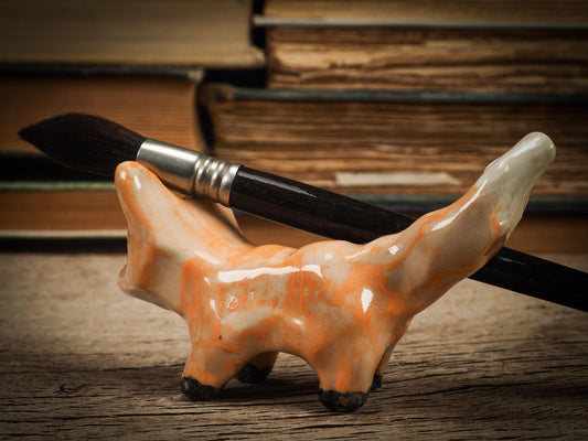 Original handmade ceramic artist color pencil brush holder red fox by Idania Salcido, Danita Art. Unique ceramic art designed and hand built Idania Salcido beautiful handmade touch to any artist's studio with handmade glazed ceramic good for watercolors acrylics inks and oil paints. Clean with water or mineral spirits.