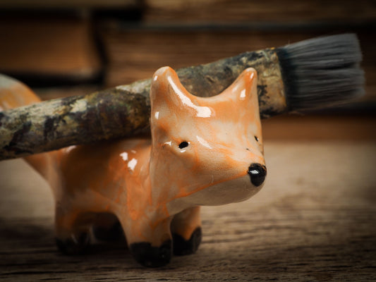 Original handmade ceramic artist color pencil brush holder red fox by Idania Salcido, Danita Art. Unique ceramic art designed and hand built Idania Salcido beautiful handmade touch to any artist's studio with handmade glazed ceramic good for watercolors acrylics inks and oil paints. Clean with water or mineral spirits.
