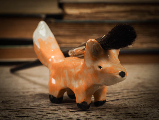 Original handmade ceramic artist color pencil brush holder red fox by Idania Salcido, Danita Art. Unique ceramic art designed and hand built Idania Salcido beautiful handmade touch to any artist's studio with handmade glazed ceramic good for watercolors acrylics inks and oil paints. Clean with water or mineral spirits.