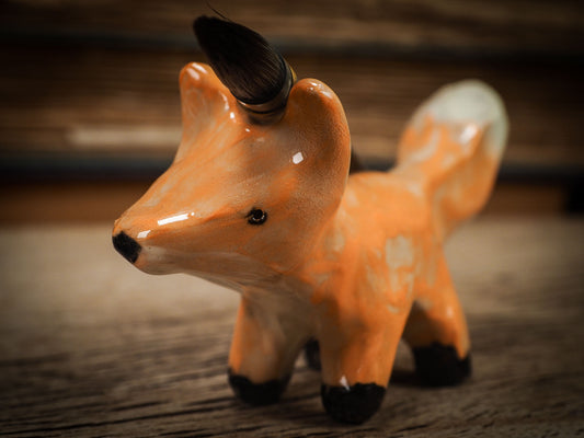 Original handmade ceramic artist color pencil brush holder red fox by Idania Salcido, Danita Art. Unique ceramic art designed and hand built Idania Salcido beautiful handmade touch to any artist's studio with handmade glazed ceramic good for watercolors acrylics inks and oil paints. Clean with water or mineral spirits.